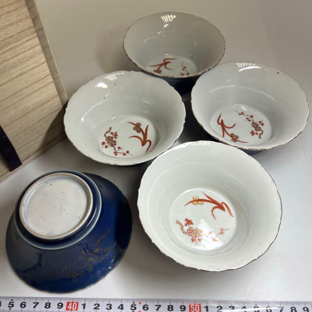 古伊万里　瑠璃金彩　向付5客　直径11.5㎝木箱付タルチ　東な8-0121☆2F